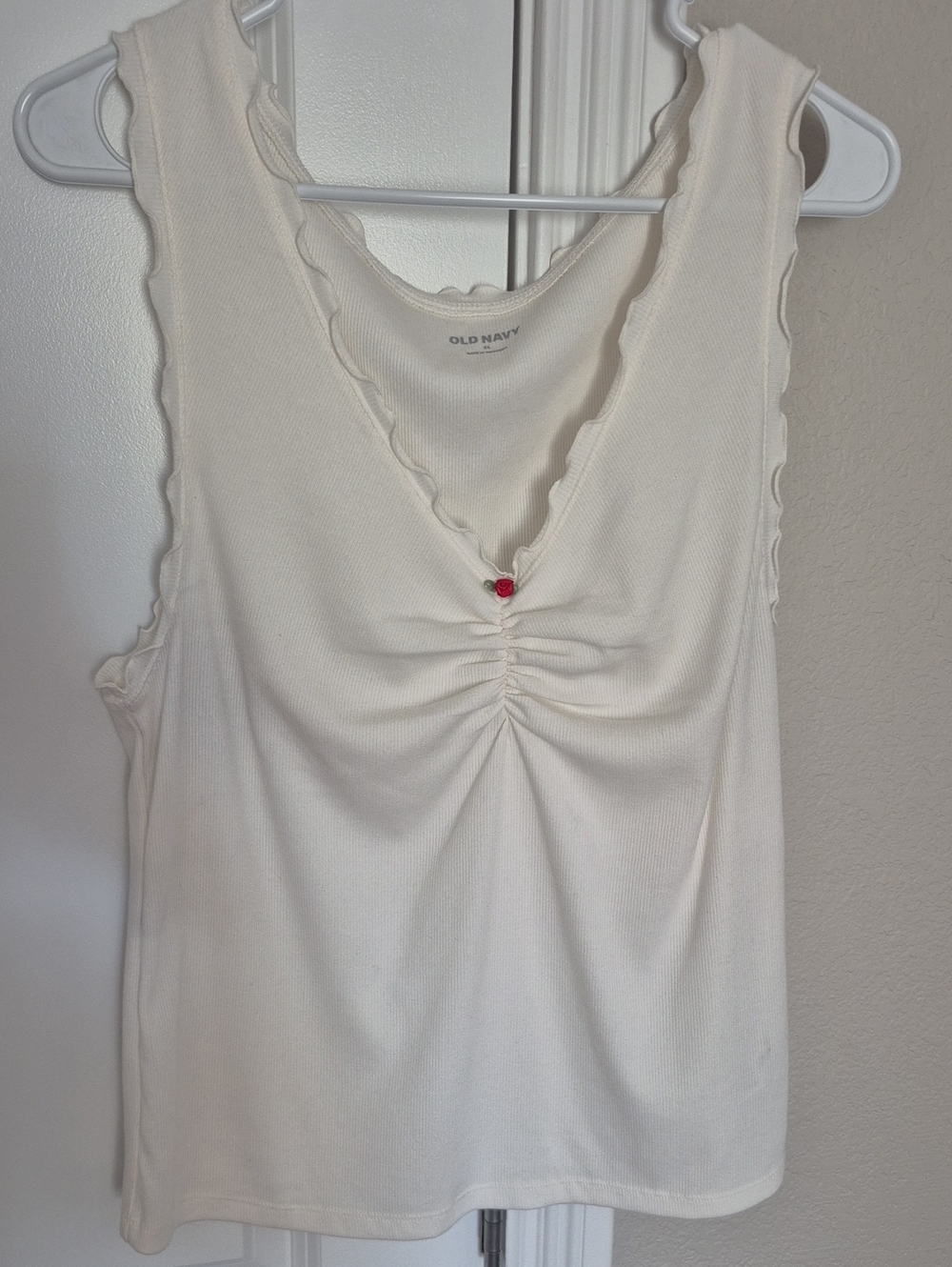 Old Navy Cream Ribbed Ruched V-Neck Tank with Heart Accent